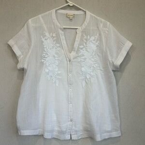 Cloth & Portrait White Embroidered Button-Front Cotton Top Attached Cami Top L